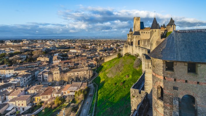 West facade of Chateau Comtal. Carcassonne. France